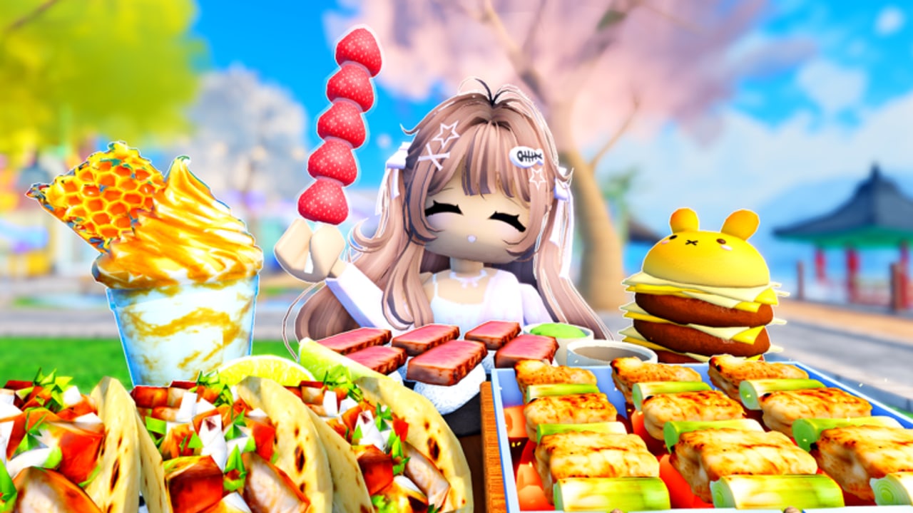 Crazy Mukbang avatar holding strawberry tanghulu above tacos, honeycomb drink, and a bunny burger at an outdoor table