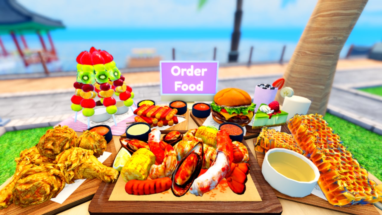 Crazy Mukbang dining table with an Order Food sign, fried chicken, seafood boil, fruit skewers, honeycomb, and drinks by the water
